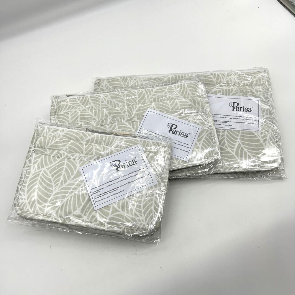 Periea Set of 3 Purse Organizers with Gift Bags Grey Leaves